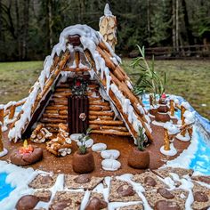 a gingerbread house made to look like it's been built in the snow