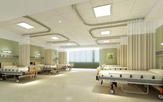 a hospital room filled with lots of beds