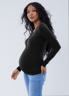 This maternity tee combines supersoft and sustainable rib modal with a classic henley design to bring you the kind of shirt that can bridge seasons. The fitted, stretch-rib fabric is incredibly cute on its own, but factor in that nursing is always just a few buttons away and you’ll be obsessed.  Sustainable modal: Made from the pulp of beech trees using less water and producing less waste. 95% modal / 5% spandex Machine wash cold with like colors. Do not bleach. Lay flat to dry. Do not iron. Fits throughout pregnancy + after Select your pre-pregnancy size Fun fact: being pregnant for nine months means your bump will be stretching across three different seasons. Plus, if you’re planning to breastfeed, that adds another six months (on average!) of maternity/nursing-specific wardrobe necessit Beech Trees, Maternity Wardrobe, Henley Long Sleeve, Being Pregnant, Maternity Shirt, Pregnancy Wardrobe, Henley T Shirt, Maternity Tees, Rib Fabric