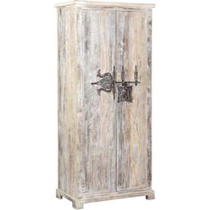 a tall wooden cabinet with two doors and handles on the front, against a white background