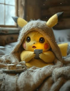 a stuffed pikachu holding a cell phone on top of a bed covered in blankets