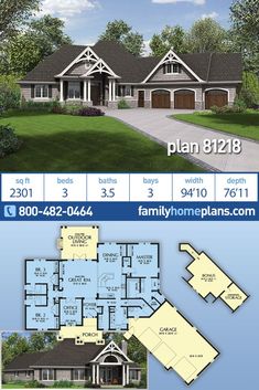 two story house plan with three car garages and an open floor plan for this family home