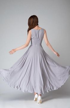 image 4 Flowy A-line Prom Dress, Chiffon A-line Wedding Dress, Gray Sleeveless Bridesmaid Dresses, Sleeveless Gray Bridesmaid Dresses, Flowy Sleeveless Chiffon Dress For Banquet, Sleeveless Dress With Fitted Bodice For Wedding, Chiffon A-line Dress With Pleated Bodice, Chiffon A-line Maxi Dress For Wedding, Chiffon Empire Waist Bridesmaid Dress