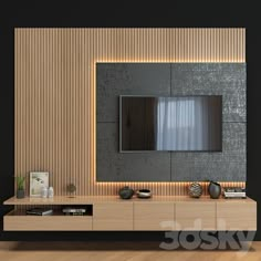 a modern living room with a tv on the wall and wooden flooring in front of it