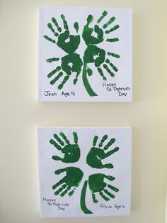 two handprints are on the wall next to each other, one is green