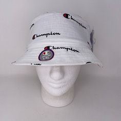 Nwt Champion Logo Script Bucket Hat L/Xl White All Over Print Spellout Beach White Cotton Bucket Hat One Size, White Cotton Summer Sun Hat, White Curved Brim Bucket Hat For Vacation, White Cotton Summer Hat, White Letter Print Hat For Outdoor, White Letter Print Hat For Vacation, White Outdoor Hats With Letter Print, Letter Print Visor Hats For The Beach, White Outdoor Hat With Letter Print