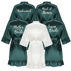 three bridesmaid robes in green and white with matching names on the front, back and