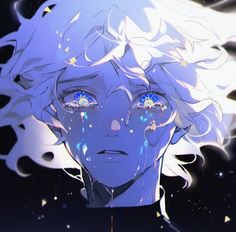 an anime character with white hair and blue eyes looking at the camera while surrounded by stars