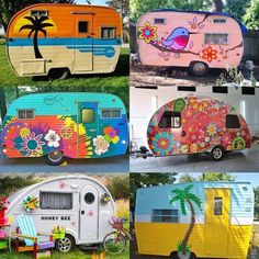 four different types of campers painted with flowers and palm trees