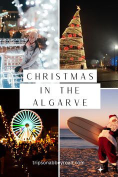 christmas in the algarve collage with santa claus and ferris wheel at night