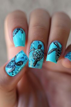 Turquoise Beach Nails, Scuba Nails, Sea Turtle Nails Design, Scarlett Nails, Turtle Nails Design, Sea Turtle Nails, Fall Beach Nails, Egypt Nails, Fashion Nail Designs