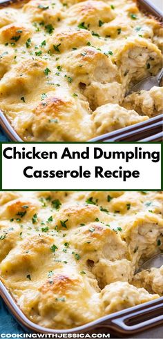 chicken and dumpling casserole recipe in a baking dish with text overlay