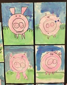 four pictures of pigs in different colors and sizes, each with their own face drawn on them