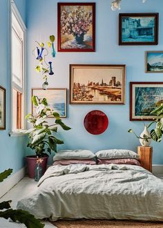 a bedroom with blue walls and pictures on the wall above the bed, along with potted plants