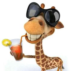 a giraffe wearing sunglasses and holding a drink