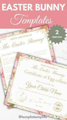 the easter bunny certificate is shown in two different colors and sizes, with text overlaying