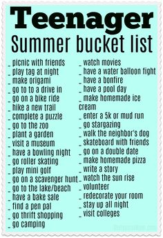 a poster with the words teenagers summer bucket list written in black and white on a blue background