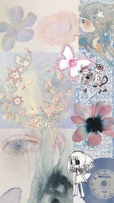 an artistic collage with flowers and other things on it's side, including a cd