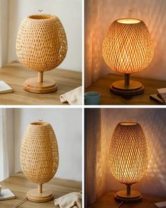 three different views of a lamp on a table