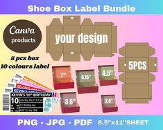 the shoe box label bundle includes 5 boxes, 3 different labels and 1 free printable package