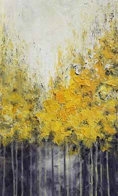 an abstract painting of trees with yellow leaves