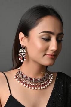 Elegant Kundan Polki Choker Set, Ruby Kundan Necklace, Designer Kundan Choker Set, India Jewelry, Simple Kundan Set, Pakistani Jewelry Set Gold Plated Kundan Indian Choker Necklace Set with Earrings inspired by Sabyasachi jewelry style  PRODUCT DETAIL: * Necklace Length: Choker  (comes with adjustable Sarafa/Dori/Cord) * Earrings Length: 2.25 inches approx * Material: Brass and stone * Package: Necklace and Earring STYLE TIP: Wear this with any Indian for a rich and royal look because nothing is more regal than a choker necklace. We love teaming this with any color. This will go perfectly with all attires. ABOUT US: Jaipri makes each piece of its product by learning techniques and crafts from deep down in the local markets and villages. We use Indian raw materials which are ethically sourc Elegant Kundan Chandbali Necklace With Motifs, Festive Elegant Temple Necklace With Motifs, Elegant Kundan Bridal Necklace With Motifs, Elegant Temple Necklace With Motifs For Diwali, Elegant Diwali Temple Necklace With Motifs, Traditional Temple Necklace With Intricate Design For Parties, Festive Bridal Necklace With Elegant Motifs, Festive Elegant Bridal Necklace With Motifs, Elegant Kundan Necklace With Motifs For Festive Occasions