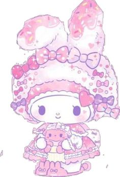 a drawing of a girl with pink hair and bows holding a teddy bear in her arms