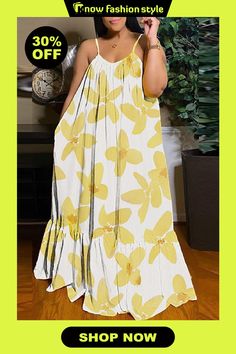 Yellow Sexy Casual Print Backless Spaghetti Strap Long Dress Dresses Spaghetti Strap Long Dress, Dress Sleeve Styles, Dresses By Length, Fashion Gallery, Wholesale Fashion, Cotton Style, Women's Fashion Dresses, Dresses Online, Floor Length