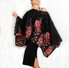 Plus size  women tunic, Black faux feather poncho, Evening formal dress cover up, Mother of the bride shawl, Women cape top, Shoulder stole Oversized Elegant Cape For Spring, Elegant Oversized Poncho For Spring, Elegant Spring Cape Shawl, Elegant Long Sleeve One Size Poncho, Elegant Oversized Cape Shawl, Fitted Shawl For Summer Party, Elegant Black Summer Shawl, Elegant Oversized Shawl Cape, Elegant Black Capelet For Party