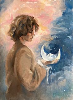 a painting of a boy holding a crescent in his hand and looking at the moon