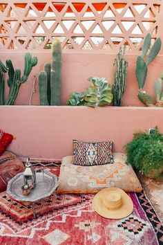 an outdoor area with cactus and rugs on the ground, including a hat, potted cacti and other decorative items