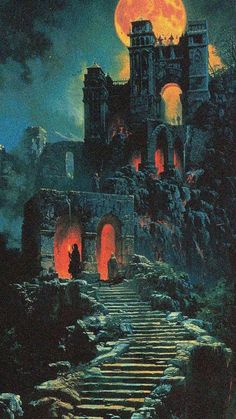 a painting of a castle with stairs leading up to it and the moon in the sky