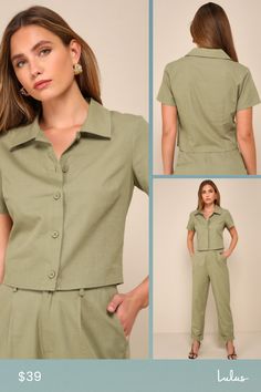 Impressing all day long is easy in the Lulus Complete Vibe Olive Green Cotton Button-Up Short Sleeve Top! Lightweight, linen-like woven cotton shapes this chic shirt that has a collared neckline, short sleeves, and a functional button placket at the front. Darted bodice ends at a slightly cropped hem. Pair with the matching pants for a complete look! Fit: This garment fits true to size. Length: Size medium measures 20" from shoulder to hem. Bust: Great for any cup size. Waist: Loosely Fitted. Un Linen Blouse With Collar For Workwear, Linen Workwear Blouse With Collar, Trendy Collared Linen Shirt, Linen Shirt With Collared Neckline For Work, Collared Linen Blouse For Work, Collared Linen Tops For Work, Linen Collared Neckline Tops For Work, Linen Workwear Tops With Collared Neckline, Versatile Linen Collared Blouse