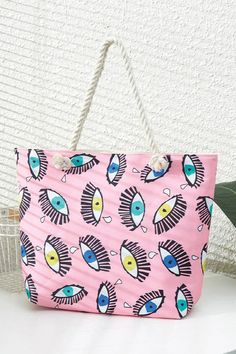 I See You Tote Playful Shoulder Bag For Daily Use In Spring, Playful Spring Shoulder Bag For Daily Use, Trendy Pink Everyday Beach Bag, Trendy Pink Beach Bag For Everyday, Trendy Pink Canvas Beach Bag, Trendy Pink Canvas Bag For The Beach, Casual Pink Beach Bag, Casual Pink Canvas Bag For Vacation, Eyes Pattern