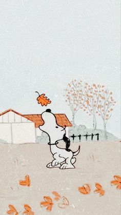 a drawing of a dog with an orange leaf on its head and nose, standing in front of a house