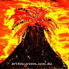 a painting of a volcano with red and yellow colors