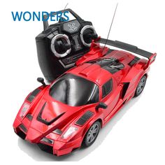 a red toy car with radio in it