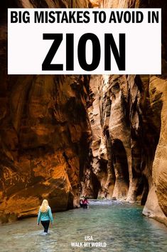 a woman wading through a river in the middle of a canyon, with text overlay