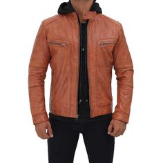 Men Tan Hooded Leather Jacket - Leather Jacket Mens Tan Leather Jacket, Hooded Leather Jacket, Tan Leather Jackets, Aviator Jacket, Leather Jacket With Hood, Black Hood, Hand Wax, Lambskin Leather Jacket, Genuine Leather Jackets