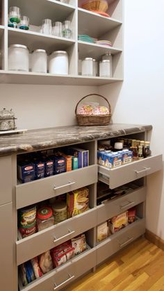 an organized pantry with lots of food in the cupboards and on the counter top