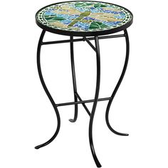 a small table with a mosaic design on it's top and metal frame legs