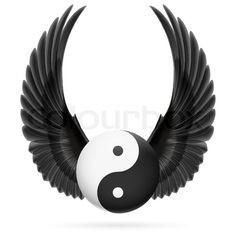 an image of a yin - yang ball with wings flying around it on a white background