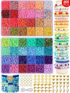 many different colors and sizes of beads are shown in the box with each bead