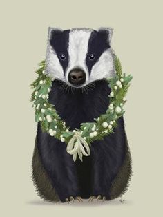 a badger with a wreath around its neck