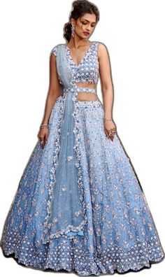 Blue Floral Embroidered Semi-stitched Gown, Blue Embellished Anarkali Embroidered Fabric, Traditional Blue Embellished Gown, Traditional Embellished Blue Gown, Blue Floor-length Traditional Wear With Floral Embroidery, Blue Gown With Floral Embroidery For Reception, Floor-length Embellished Blue Choli, Blue Floral Embroidered Floor-length Traditional Wear, Traditional Light Blue Embroidered Lehenga