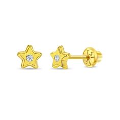 Add some sparkle and glam to your little girl's outfits with these beautiful little star earrings! Crafted entirely of 14k yellow gold, which is suitable for children with sensitive ears. These stars boast a pretty clear and pink cubic zirconia gems, and were fastened with screw backs for added comfort and safety. Order a pair of these lovely earrings today and we'll package into their own little gift box for you. Size: one size.  Gender: female.  Age Group: toddler. Toddler Earrings, Pearl Rope, Baby Earrings, Gift Post, Hearts Girl, Thread Earrings, Gold Jewelry Earrings, Cz Stud Earrings, Girls Toddler