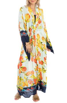 Love to layer in this eclectic long topper that is styled in a colorful citrus pattern that is signature to Saachi's artisanal inspired brand. Open front
 Long sleeves 100% rayon
 Hand wash cold, line dry
 Imported Vibrant Spring Kimono With Vibrant Print, Casual Orange Kimono For Spring, Casual Orange Spring Kimono, Citrus Pattern, Swimwear Cover Ups, Nordstrom Store, Front Open, Nordstrom Rack, Cover Up