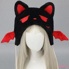 Qteee - Enchanting Embroidered Kitty Ears Plush Hat with a Whimsical Touch Winter Colors, Kawaii Fashion, Harajuku, Black And Red, Kitty, Hats, My Style, Red, Black