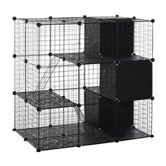 the cage is black and has four shelves