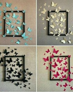 four different pictures with butterflies in the shape of square frames, one is pink and one is blue